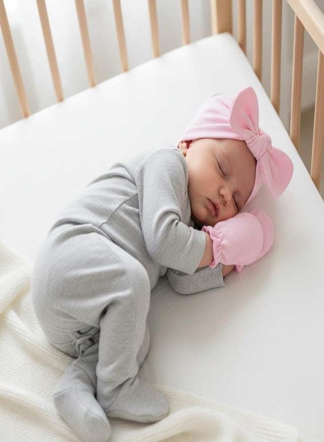 LIDHAY 4PCS Newborn Baby Hospital Hats Beanie Bow Infant Caps Cotton Preemie Hats No Scratch Mittens Set for 0-1 Years Old, Set 04, One Size - Image 5