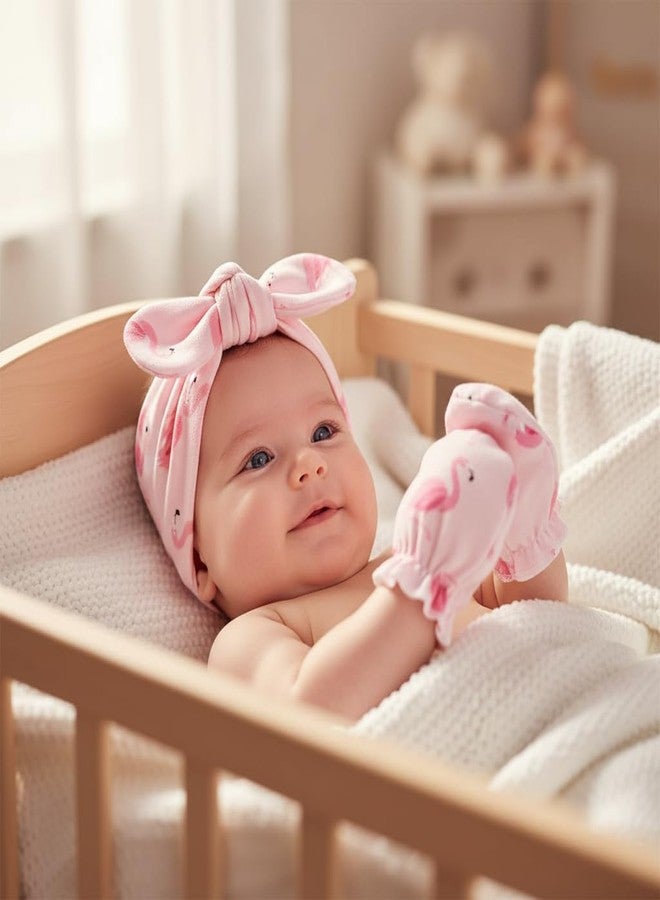 LIDHAY 4PCS Newborn Baby Hospital Hats Beanie Bow Infant Caps Cotton Preemie Hats No Scratch Mittens Set for 0-1 Years Old, Set 04, One Size - Image 4