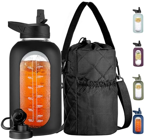 CIVAGO Half Gallon Glass Water Bottle with Straw and Insulated Bottle Holder Sling 64 oz Motivational Water jug with Time Marker and Silicone Sleeve Water Flask with 2 Lids Black - Image 1