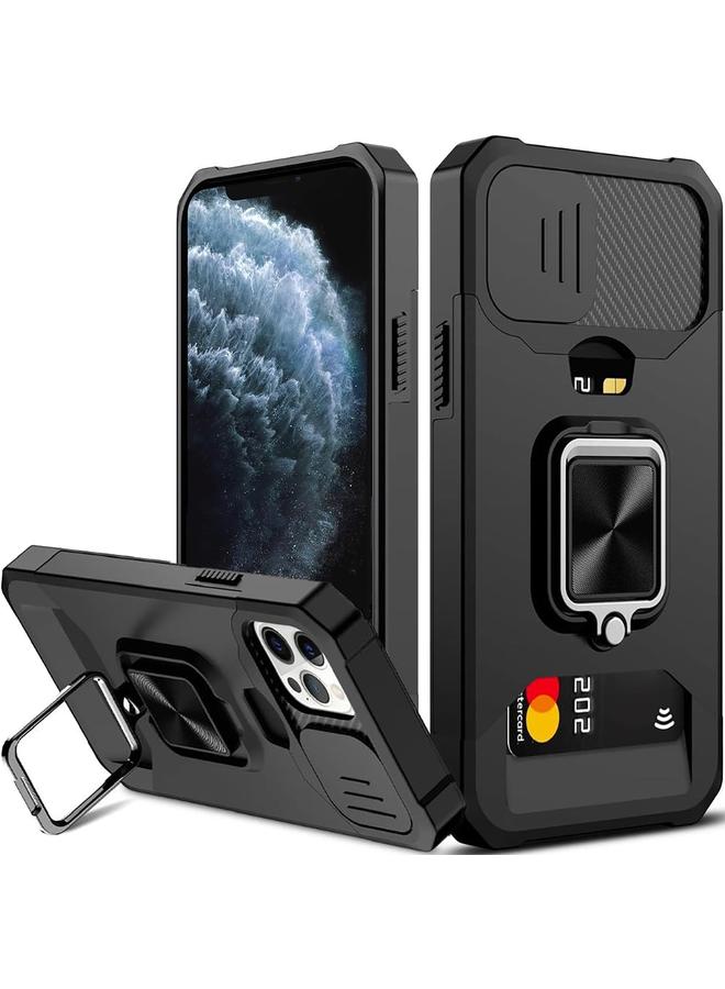 erorex For Iphone 11 Pro Case With Card Holder And Slide Camera Cover 360° Rotate Ring Kickstand Heavy Duty Protective Phone Case For Iphone 11 Pro Cover Black  - Image 1