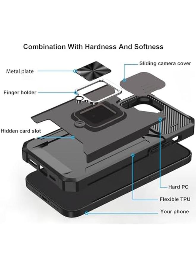 erorex For Iphone 11 Pro Case With Card Holder And Slide Camera Cover 360° Rotate Ring Kickstand Heavy Duty Protective Phone Case For Iphone 11 Pro Cover Black  - Image 5