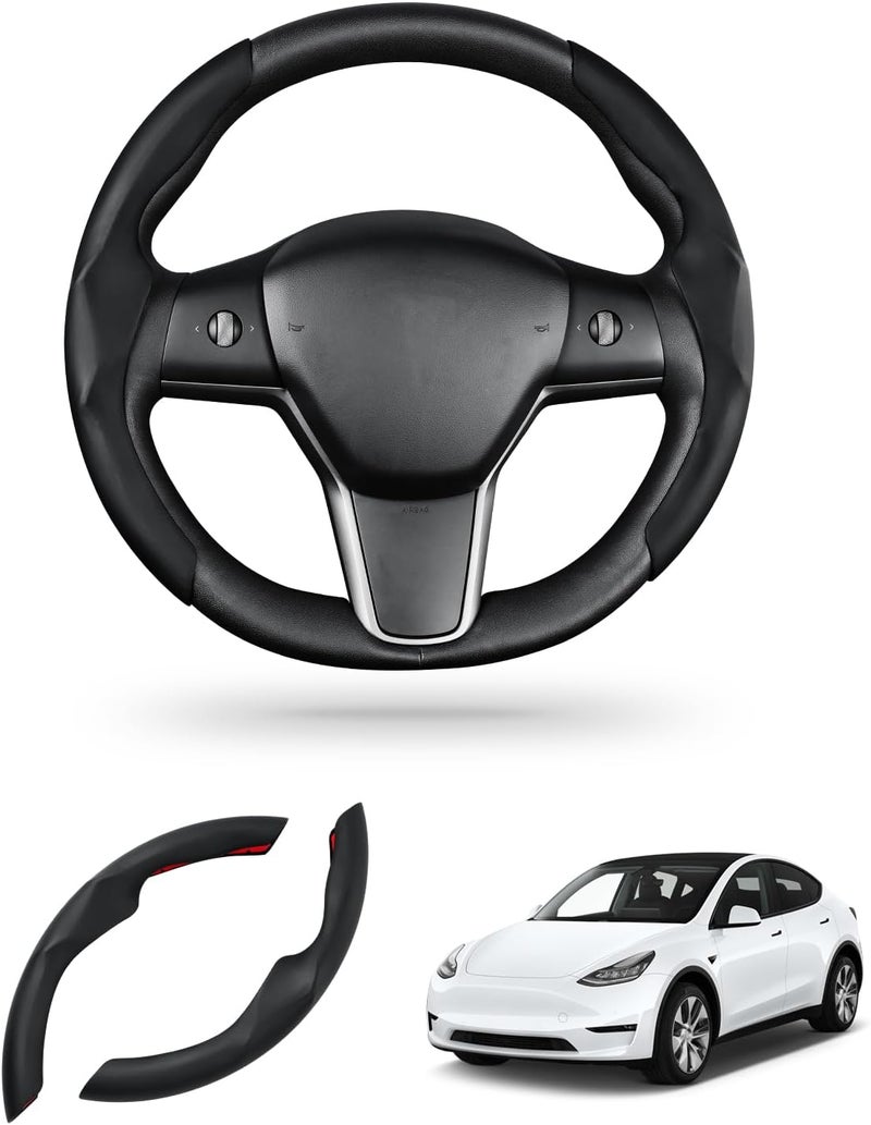 Canvcle Custom-Fit Steering Wheel Cover for Tesla, Telsa Model 3 / Y Leather Steering Wheel Cover for Men/Women, Anti-Slip, Comfortable Grip, Breathable, Model 3 / Y Accessories (Black) - Image 1