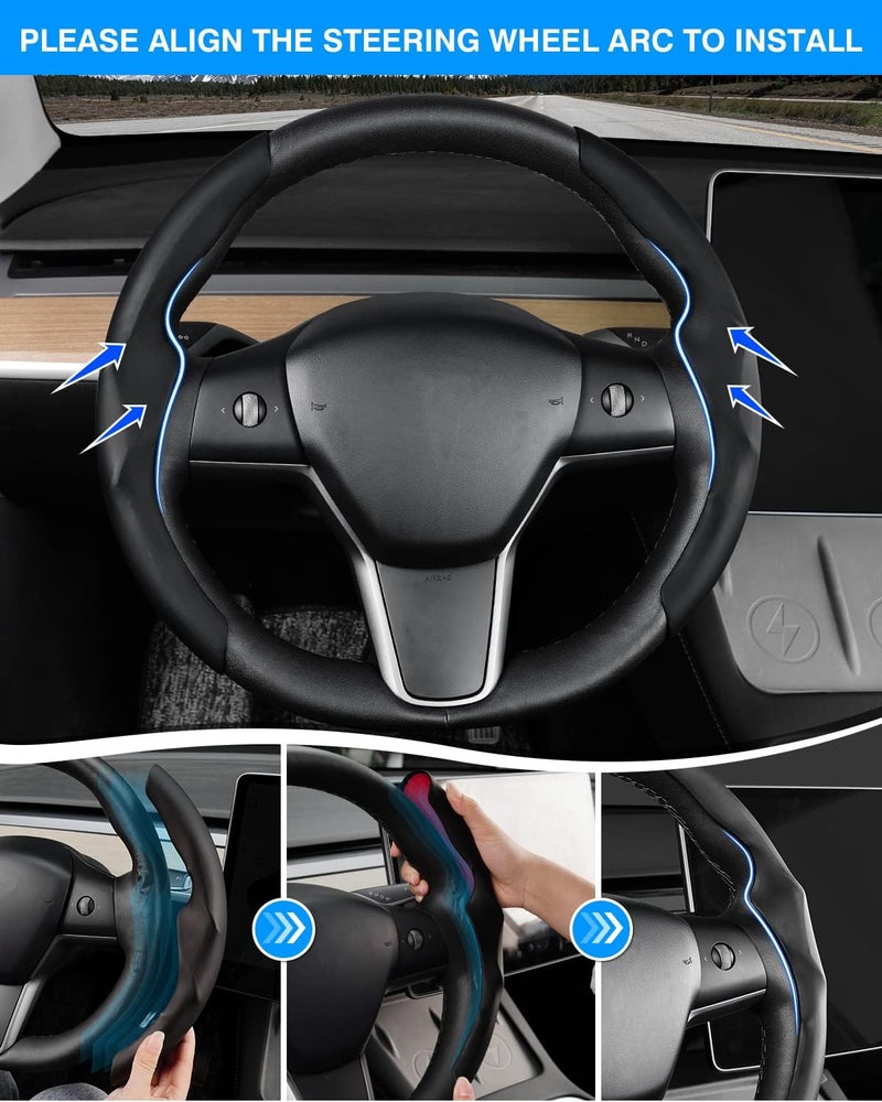 Canvcle Custom-Fit Steering Wheel Cover for Tesla, Telsa Model 3 / Y Leather Steering Wheel Cover for Men/Women, Anti-Slip, Comfortable Grip, Breathable, Model 3 / Y Accessories (Black) - Image 5