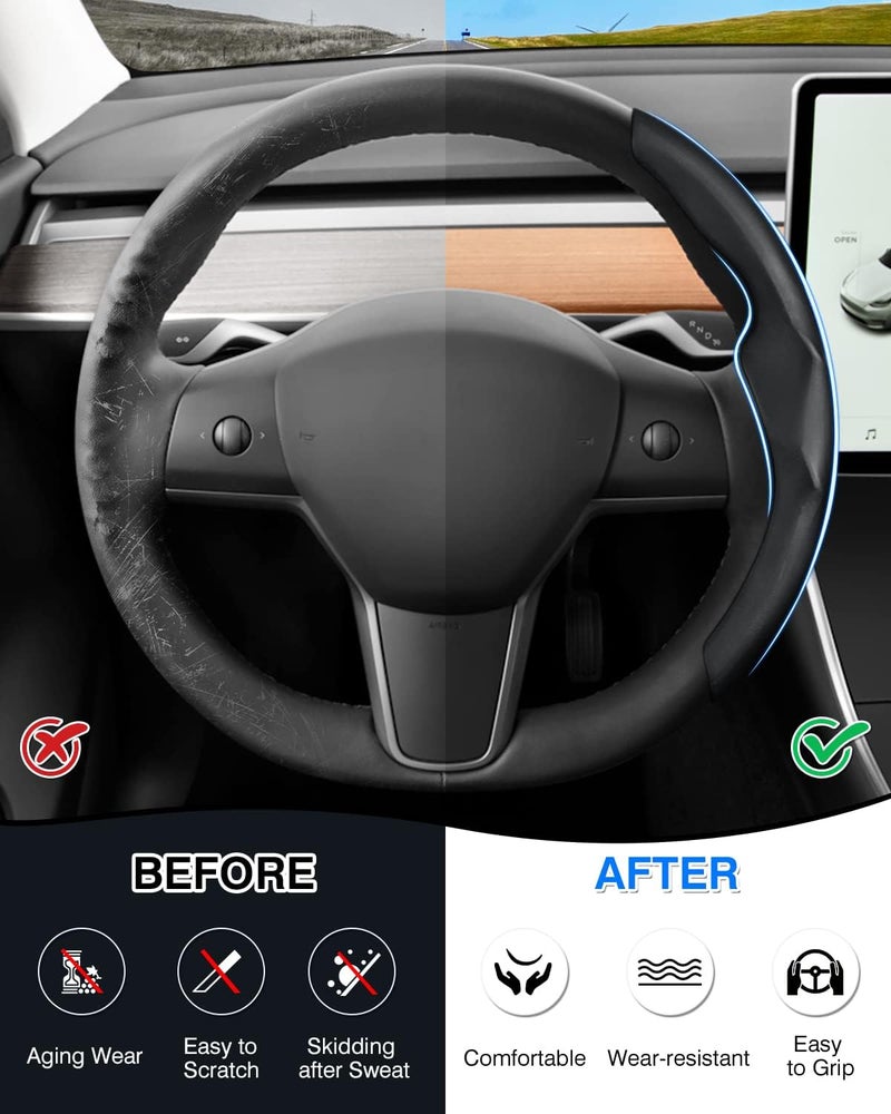 Canvcle Custom-Fit Steering Wheel Cover for Tesla, Telsa Model 3 / Y Leather Steering Wheel Cover for Men/Women, Anti-Slip, Comfortable Grip, Breathable, Model 3 / Y Accessories (Black) - Image 4