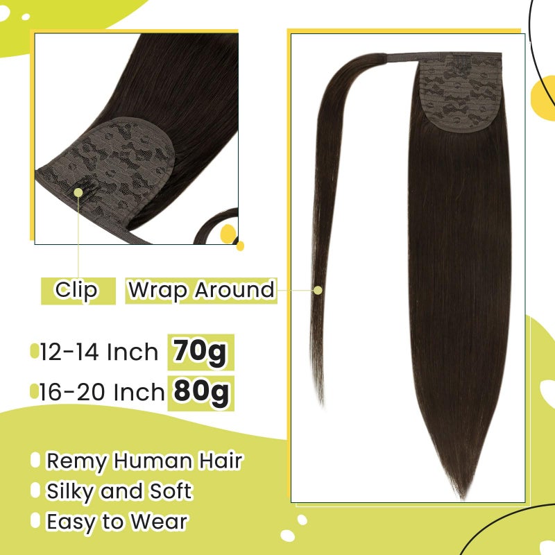 RUNATURE Ponytail Extension Human Hair, Real Hair Ponytail Extension Dark Brown, Remy Human Hair Ponytail Wrap Around, Tangle Free Hair, Easy To Apply, 18 Inch 80g #2 Dark Brown - Image 3