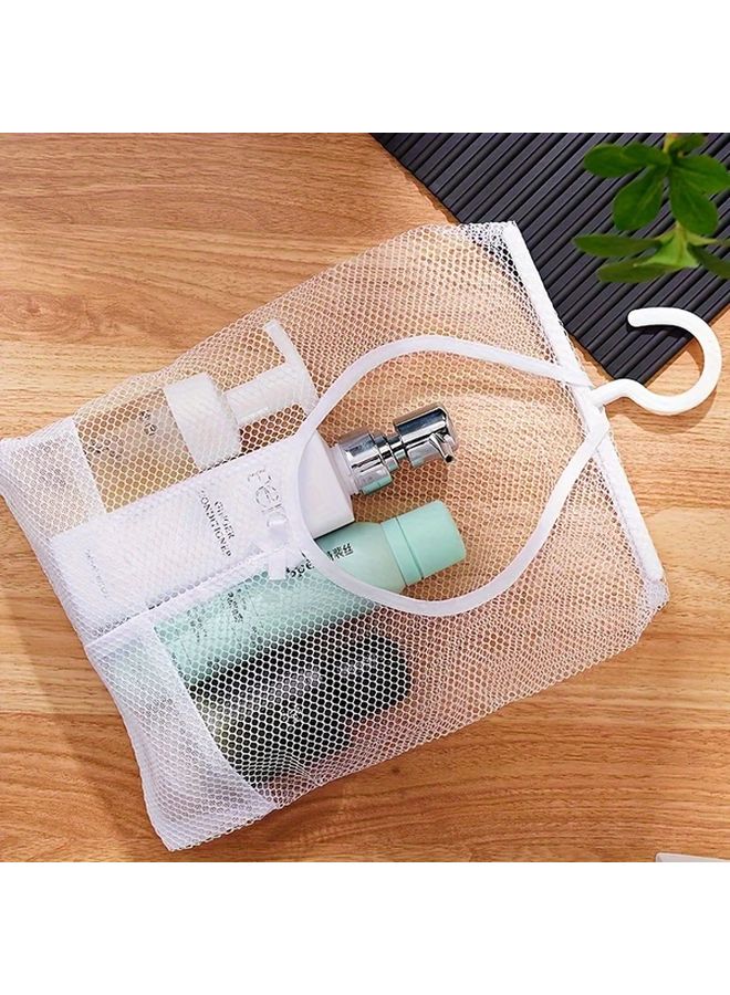 Blue Hanging Storage Organizer Durable Polyester Mesh Bag With Plastic Hooks For Bathroom Kitchen And Home - Image 1