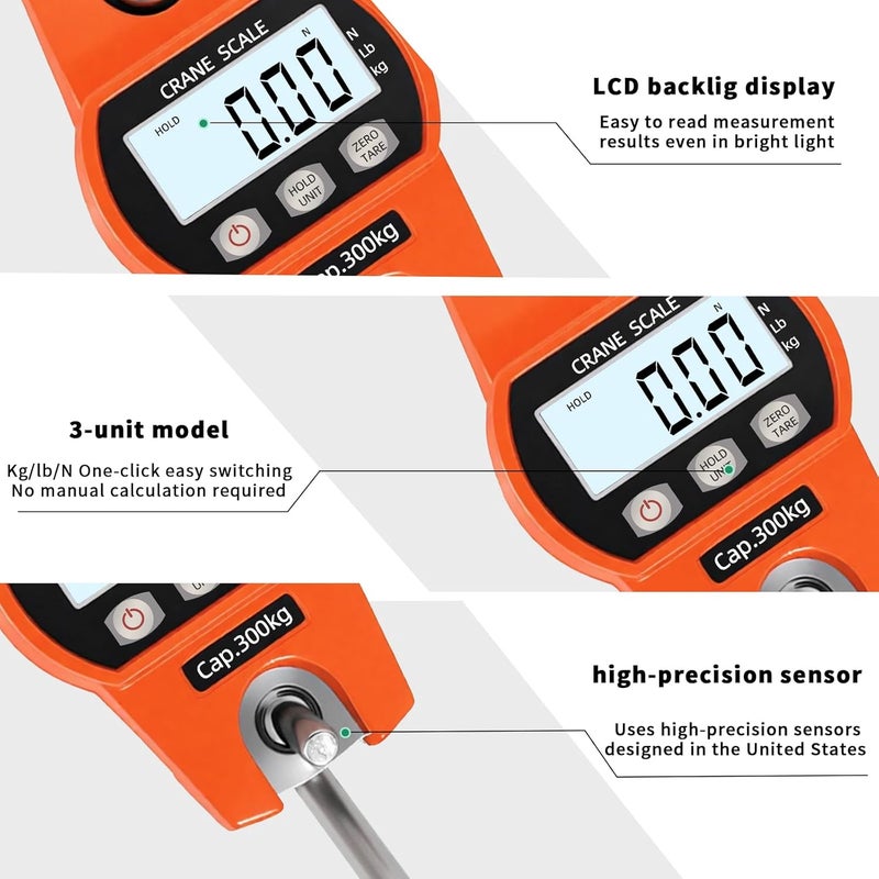 WISHSOM Hanging Scale 660lb/300kg - High-Accuracy Crane Scale with Aluminum Frame and LCD Display. Functions as Fishing Scale and Luggage Scale. for Farm, Hunting, Fitness, and Travel Weighing. - Image 3