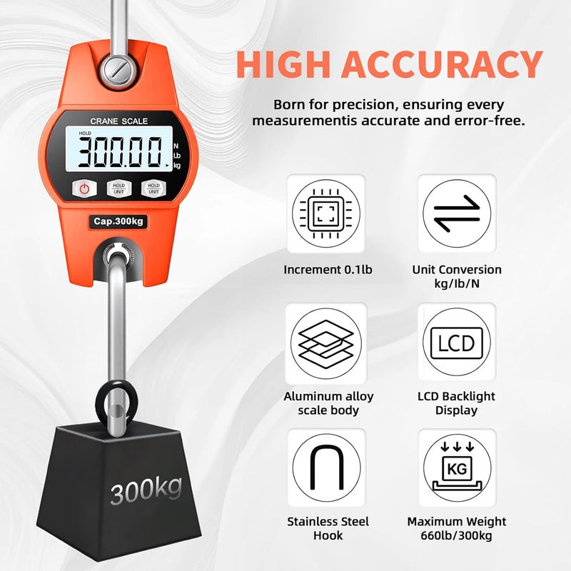 WISHSOM Hanging Scale 660lb/300kg - High-Accuracy Crane Scale with Aluminum Frame and LCD Display. Functions as Fishing Scale and Luggage Scale. for Farm, Hunting, Fitness, and Travel Weighing. - Image 2