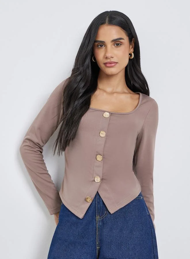Styli Styli Solid Square Neck Buttoned Top