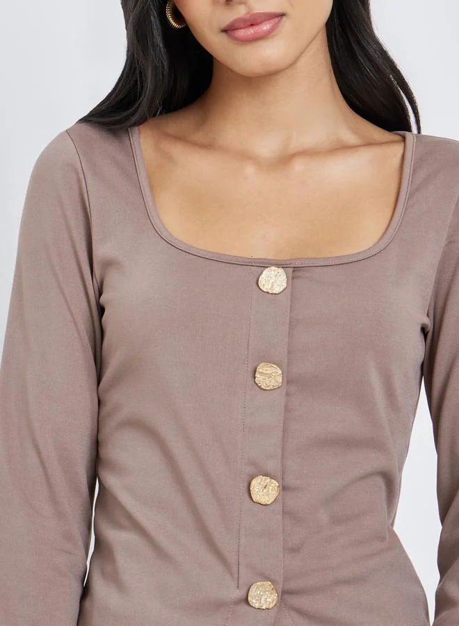 Styli Styli Solid Square Neck Buttoned Top