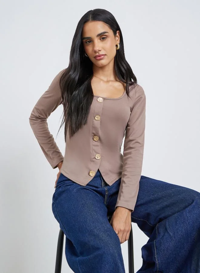 Styli Styli Solid Square Neck Buttoned Top