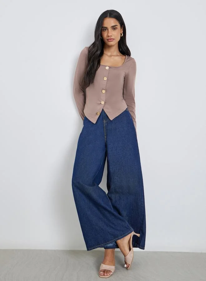 Styli Solid Square Neck Buttoned Top