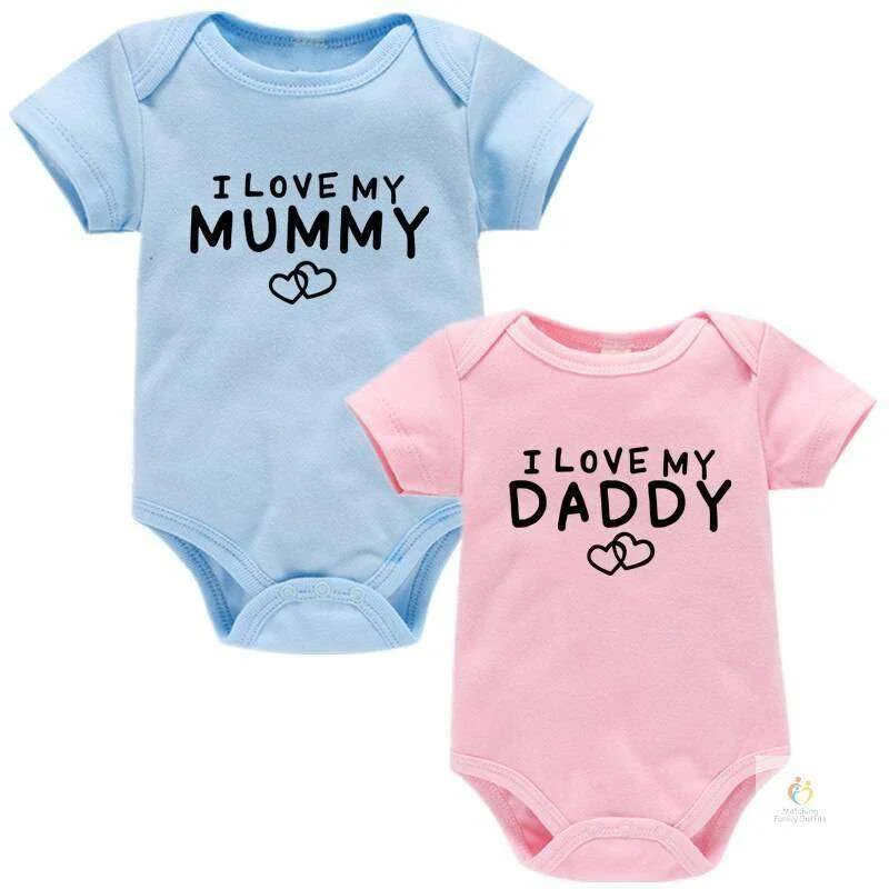 Matching Family Outfits “I Love My Mummy & I Love My Daddy Baby Romper Set – Cute Printed Infant Bodysuits, Soft Cotton Short Sleeve Newborn Outfit, Unisex Baby Boy Girl Matching Rompers, PACK OF TWO”(BLUE,PINK)