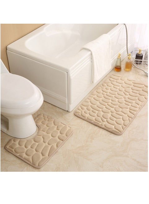2-Pieces European Simple Style Toilet Floor Mat Suit Bathroom Carpet Set Polyester Fiber Khaki 80x50 cm And 50x40 cm