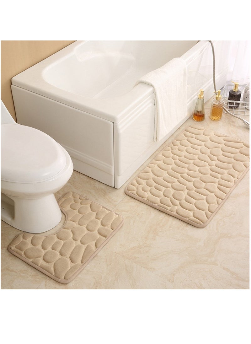 Kutis 2-Pieces European Simple Style Toilet Floor Mat Suit Bathroom Carpet Set Polyester Fiber Khaki 80x50 cm And 50x40 cm  - Image 1