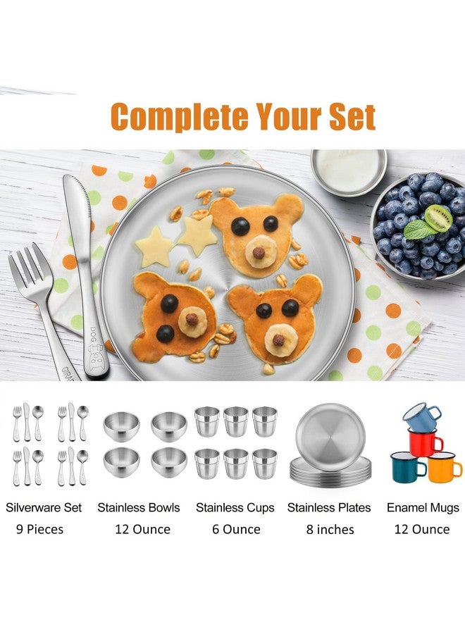 E-far Stainless Steel Plates Set of 6, 8-inch Metal Dinner Plates for Kids Toddlers, Great for Self-feeding/Picnic/Outdoor Camping, Healthy & Non-toxic, Shatterproof & Dishwasher Safe - Image 1