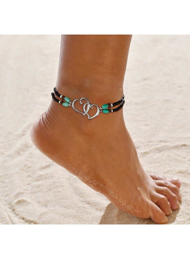 ANGLEQUEEN Elastic Beaded Ankle Bracelets for Women Double Heart Layered Stretch Ankle Bracelets Waterproof Dainty Boho Beaded Anklets for Summer Beach Foot Jewelry Gifts (Black Silver) - Image 2