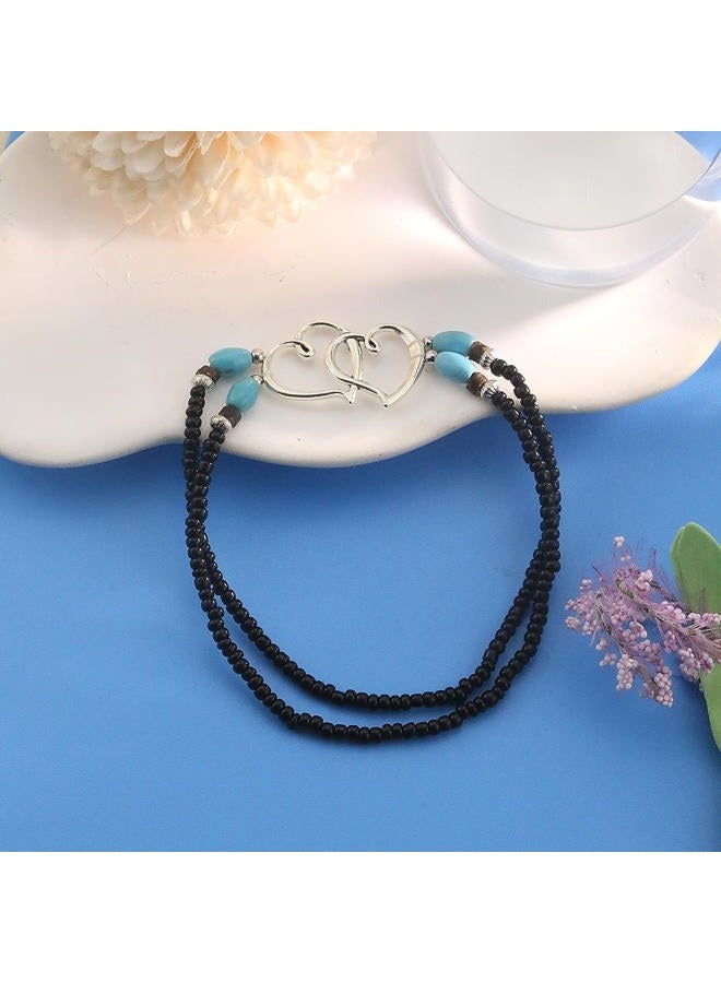 ANGLEQUEEN Elastic Beaded Ankle Bracelets for Women Double Heart Layered Stretch Ankle Bracelets Waterproof Dainty Boho Beaded Anklets for Summer Beach Foot Jewelry Gifts (Black Silver) - Image 5