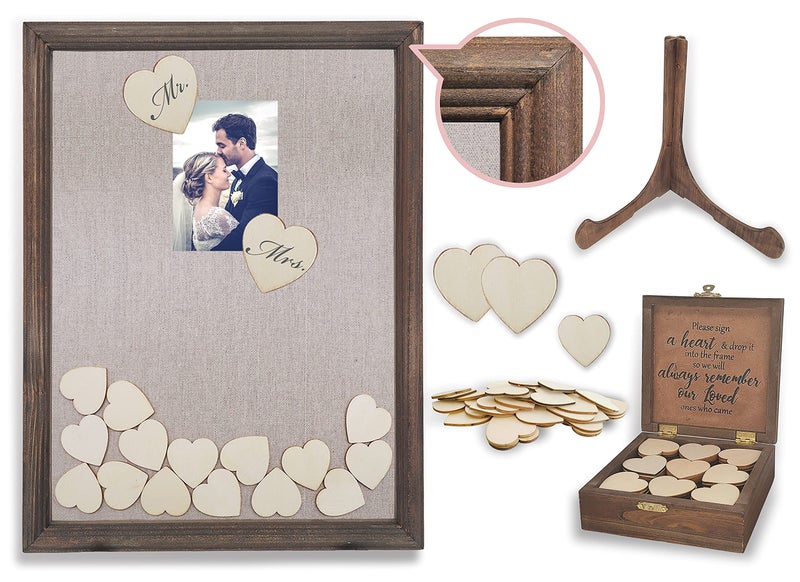PMPX PMPX Wedding Guest Book Alternative Barn Wood Drop Top Frame with Stand 90 Wood Hearts Matching Box with Message Inside The Lid Weddings Bridal or Baby Shower Anniversary or Special Event