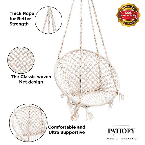 Patiofy Swing For Adults For Home/Swing For Adults/Jhula For Adults/Wooden Swing For Living Room/Swing For Balcony/Cotton Round Hammock Hanging Swing Chair Without Hanging Kit (White) By - Image 5