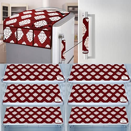 E-Retailer® Exclusive Combo Set of Appliances Cover (1 Pc. of Fridge Top Cover, 1 Pc. of Refrigerator Handle Cover and 6 Pc. Of Refrigerator Mat/Fridge Shelf Mat) (Color- Maroon, Design-Ethnic, Set Contains- 8 Pcs.) - Image 1