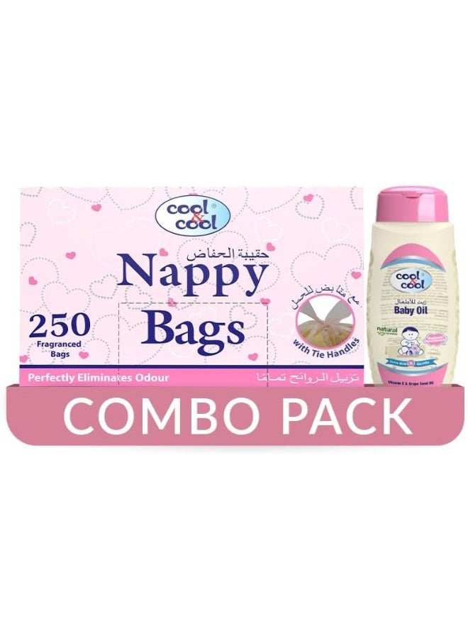 Cool & Cool Nappy Bags 250's- Mildly Scented Diaper Disposable Bags + Baby Oil -Enriched with Vitamin E and Grape Seed Oil, Gentle Hydration 100ml-Combo Pack - Image 1
