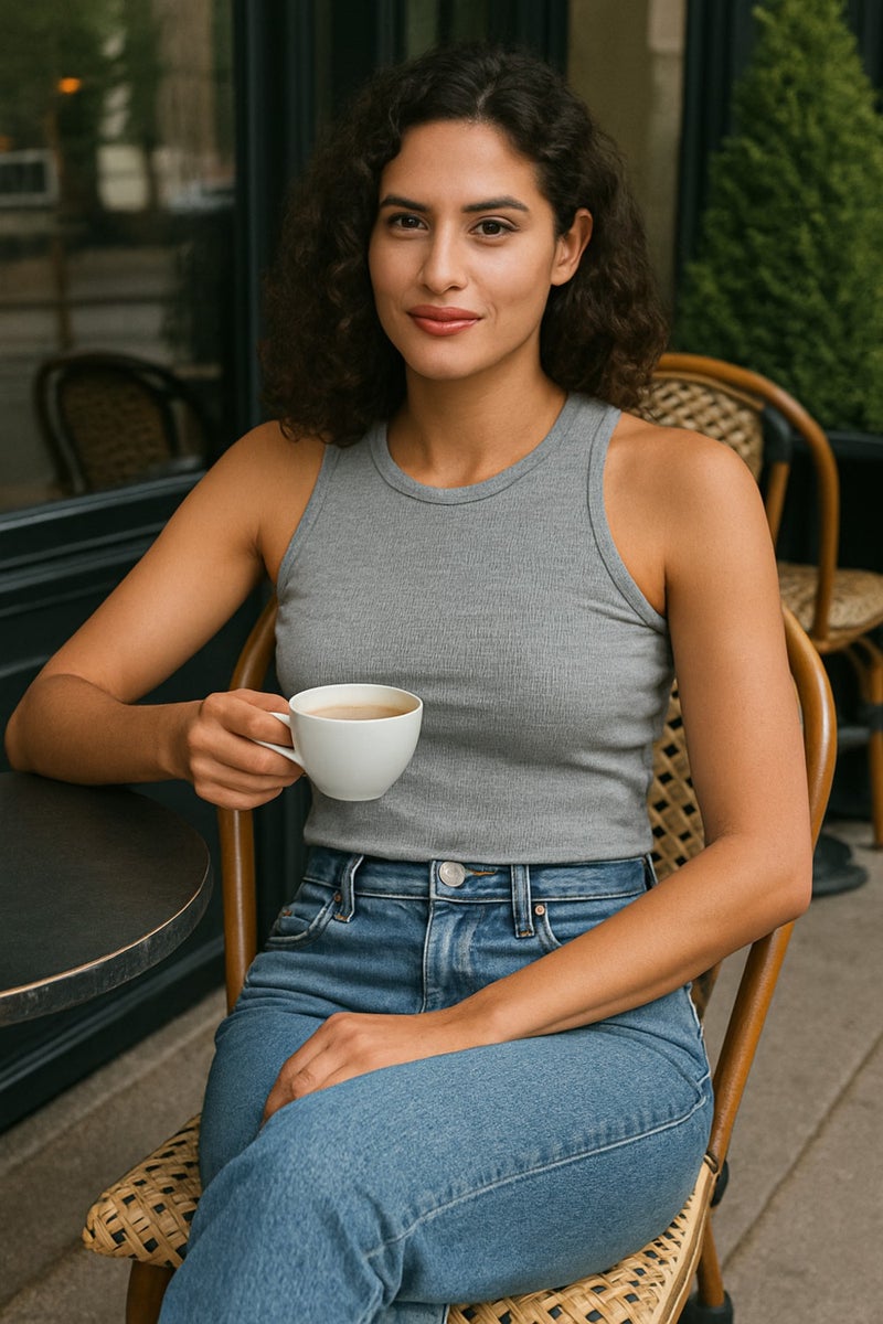 mmetalic Women's Gray Ribbed Look Strap Thick Flexible Knitted Basic Crop Athlete Blouse  - Image 5
