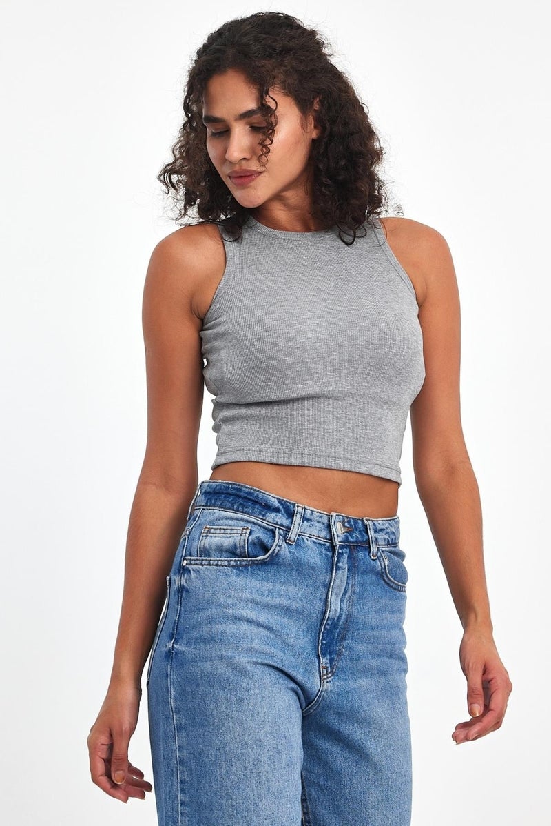 mmetalic Women's Gray Ribbed Look Strap Thick Flexible Knitted Basic Crop Athlete Blouse  - Image 3