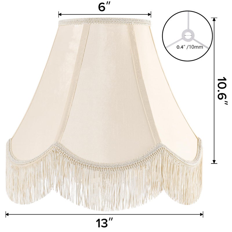 GO&SO 1 Pcs Yellowish Beige Silk Victorian Lamp Shade â€“ Scalloped Bell Design with Fringe Trim, 6x13x10.6 Inch (Spider Fit), Fabric Replacement Shade for Table & Floor Lamps, Easy Snap Assembly - Image 2