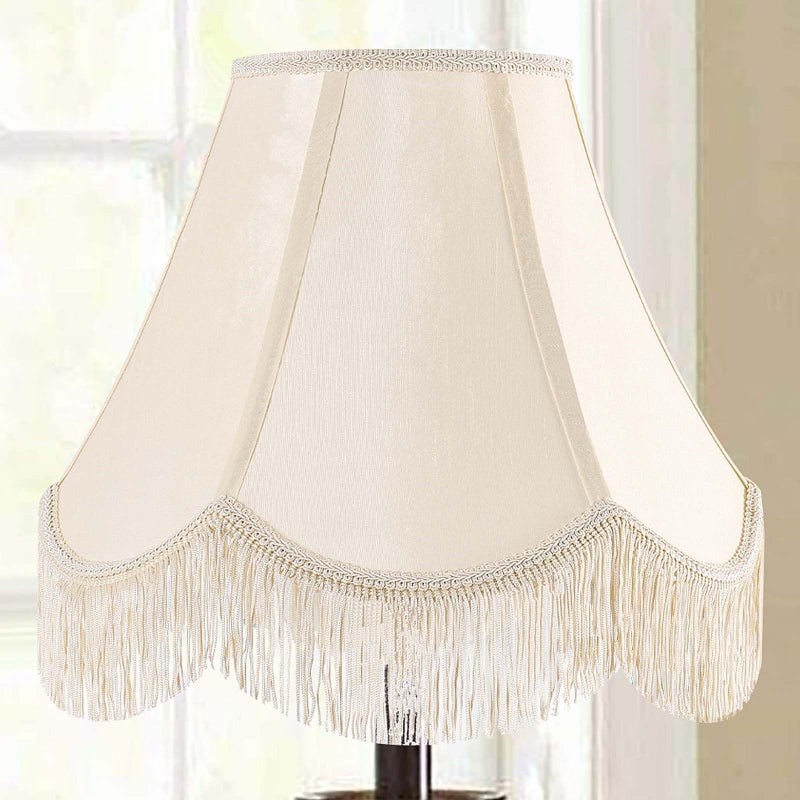 GO&SO 1 Pcs Yellowish Beige Silk Victorian Lamp Shade â€“ Scalloped Bell Design with Fringe Trim, 6x13x10.6 Inch (Spider Fit), Fabric Replacement Shade for Table & Floor Lamps, Easy Snap Assembly - Image 1