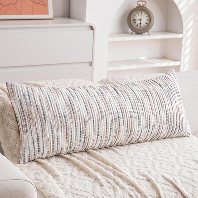 KOOLIFE Boho Long Lumbar Body Decorative Throw Pillow Covers 14x36 Inch Pack of 1 Grey Brown Striped Pillow Cover Chenille Accent Pillowcase Farmhouse Cushion Cover for Home Decor Bed Couch Sofa Bench - Image 1