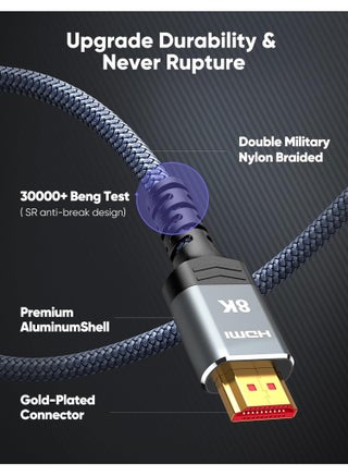 كابل HDMI 8K 2.1 - يدعم 8K@60Hz، 4K@120Hz، 2K@240Hz، 1080P@240Hz، 48Gbps، 3D، HDR، HDCP، eARC، دولبي - كابل HDMI فائق السرعة للكمبيوتر المحمول، الكمبيوتر، الشاشة، العرضيات، التلفزيون، PS4، PS5، إكس باوكس، نينتندو سويتش، HDTV، كاميرا DSLR - view 3