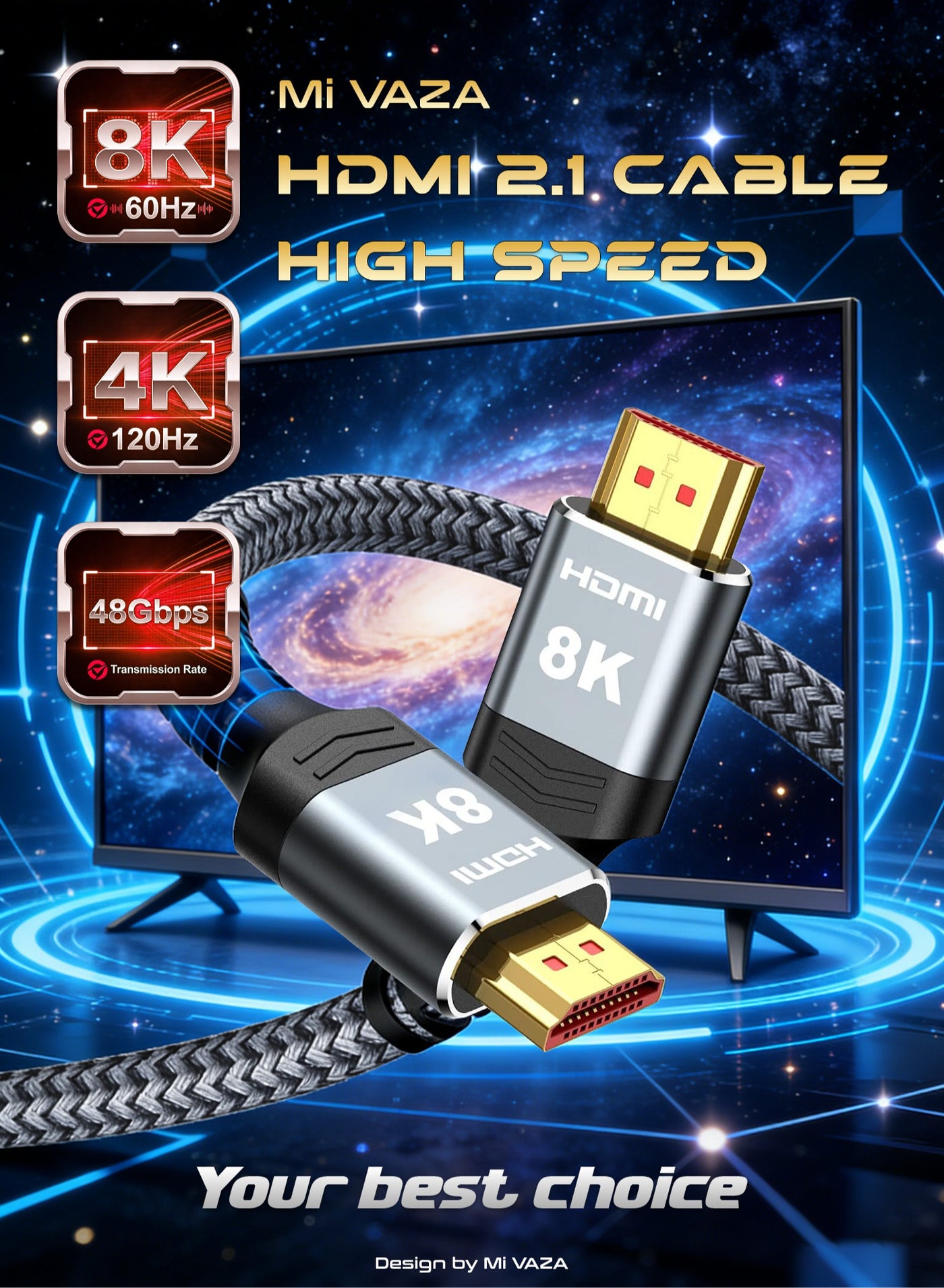 Mi VAZA 8K HDMI 2.1 Cable - Support 8K@60Hz, 4K@120Hz, 2K@240Hz, 1080P@240Hz, 48Gbps, 3D, HDR, HDCP, eARC, Dolby - Ultra High Speed HDMI Cord for Laptop, Computer, Monitor, Projectors, TV, PS4, PS5, Xbox, Switch, HDTV,DSLR Camera
