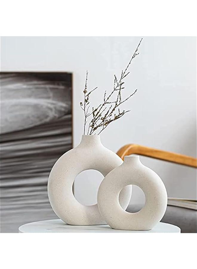 MIXDE White Ceramic Vases Set 2 for Modern Home Decor,Round Matte Pampas Flower Vases Minimalist Nordic Boho Ins Style for Wedding Dinner Table Party Living Room, Decorative Gift - Image 1