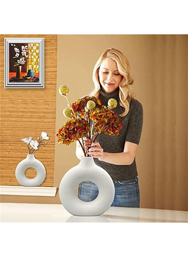 MIXDE White Ceramic Vases Set 2 for Modern Home Decor,Round Matte Pampas Flower Vases Minimalist Nordic Boho Ins Style for Wedding Dinner Table Party Living Room, Decorative Gift - Image 2