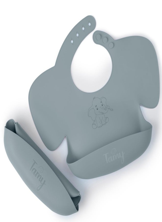 Tamy Premium Silicone Baby Bib - Waterproof bib with food catcher, adjustable, BPA free, soft & stain proof feeding bib for babies 1 to 2 years and above (Stormy Gray) - Image 2