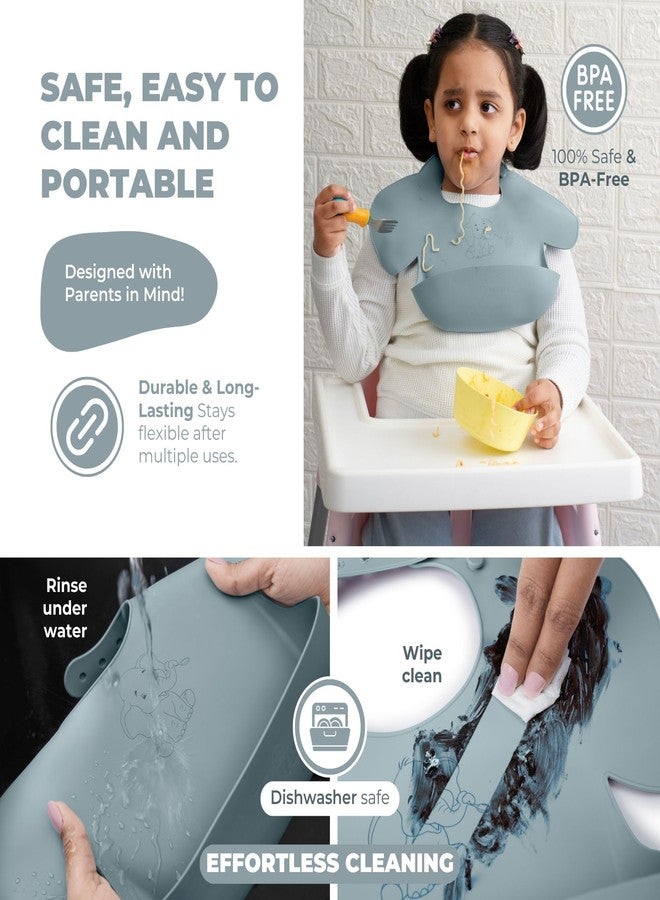 Tamy Premium Silicone Baby Bib - Waterproof bib with food catcher, adjustable, BPA free, soft & stain proof feeding bib for babies 1 to 2 years and above (Stormy Gray) - Image 5