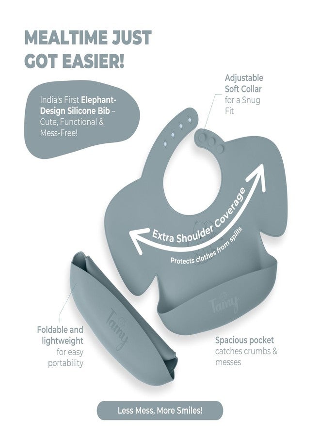 Tamy Premium Silicone Baby Bib - Waterproof bib with food catcher, adjustable, BPA free, soft & stain proof feeding bib for babies 1 to 2 years and above (Stormy Gray) - Image 4