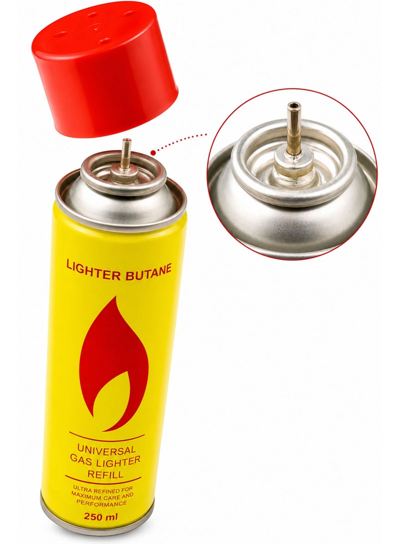 Ultra Purified Butane Gas Refill 250ml with 6 Nozzles, Universal Lighter Gas Refill for Lighters, Torch Lighters, Kitchen Torch & Camping Equipment - Image 2