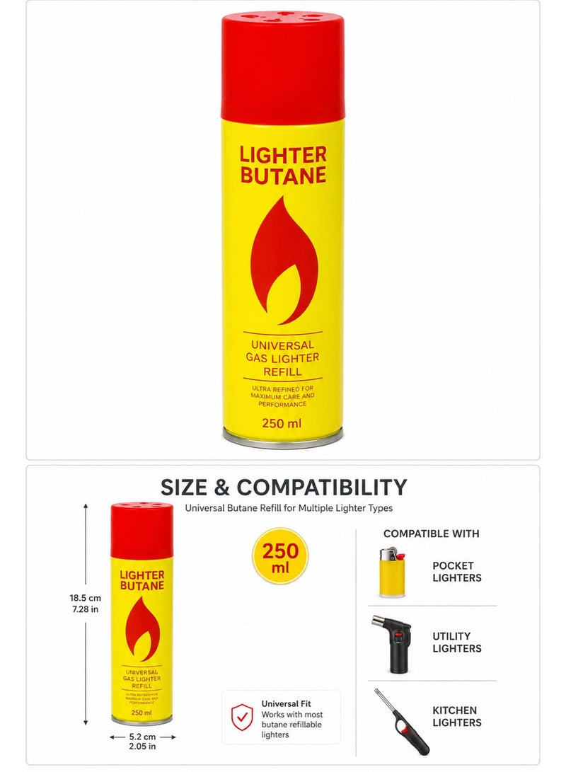 Ultra Purified Butane Gas Refill 250ml with 6 Nozzles, Universal Lighter Gas Refill for Lighters, Torch Lighters, Kitchen Torch & Camping Equipment - Image 3