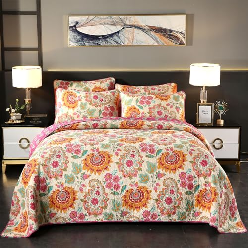 YASMENG 100% Cotton Boho Quilt Set Full Queen Size Gorgeous Paisley Floral Patterned Quilt Bedspread 98"x90" Bohemian Vibrant Exotic Ethnic Mandala Coverlet Bedding Set 3 Pieces for All Seasons - Image 1