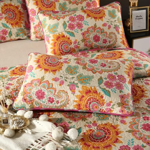 YASMENG 100% Cotton Boho Quilt Set Full Queen Size Gorgeous Paisley Floral Patterned Quilt Bedspread 98"x90" Bohemian Vibrant Exotic Ethnic Mandala Coverlet Bedding Set 3 Pieces for All Seasons - Image 3