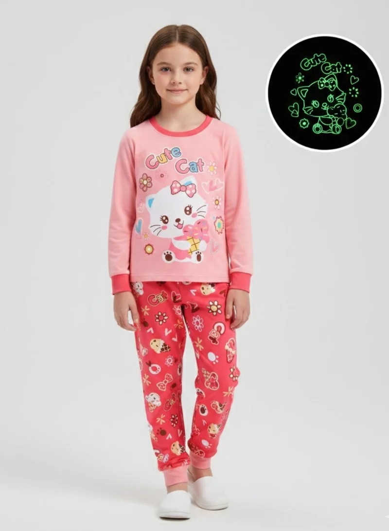babyqlo Glow Cute Cat Girls Cotton Nightwear Pajama Set