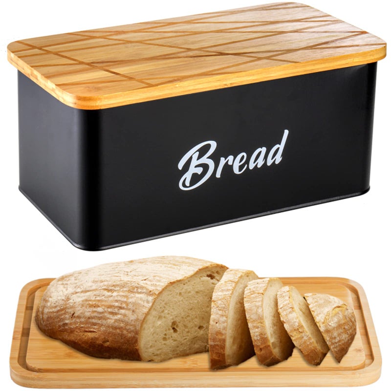 Lyellfe Farmhouse Metal Bread Box Black Bread Storage Container with Cutting Board Lid Vintage Retro Bread Keeper Bin for Bread Kitchen Countertop Pantry Freezer Keep Fresh
