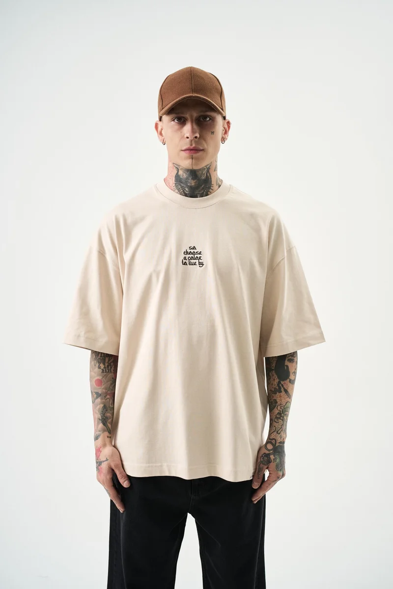 RESPIRE Men's Choose Embroidered Oversize T-Shirt, Beige