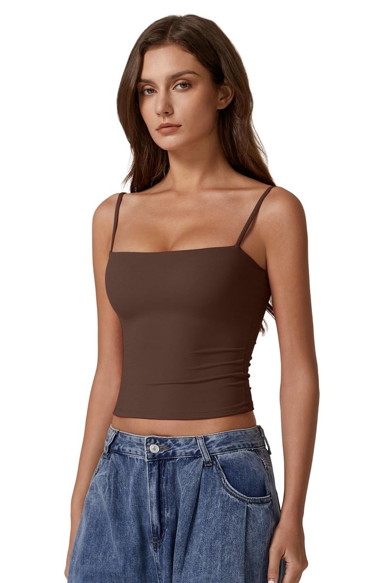 QINSEN Women's Sleeveless Tank Top Scoop Neck Double Layer Spring Summer Basic Cami Shirts Chestnut XS - Image 3