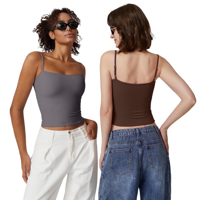 QINSEN Women's Sleeveless Tank Top Scoop Neck Double Layer Spring Summer Basic Cami Shirts Chestnut XS - Image 5