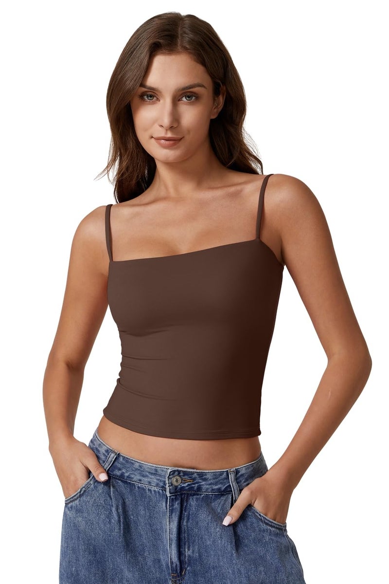 QINSEN Women's Sleeveless Tank Top Scoop Neck Double Layer Spring Summer Basic Cami Shirts Chestnut XS - Image 2
