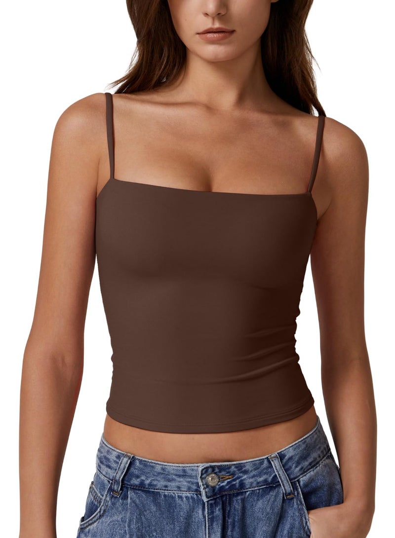 QINSEN Women's Sleeveless Tank Top Scoop Neck Double Layer Spring Summer Basic Cami Shirts Chestnut XS - Image 1