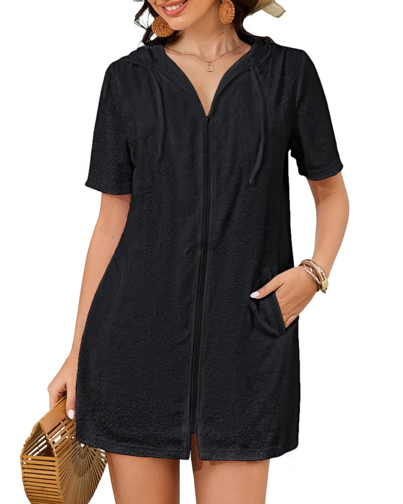 Bsubseach Terry Cloth Cover Up - Women 2026 Zipper Swimsuit Coverup Hooded Swim Robes Beach Coverups with Pockets Black L - Image 1